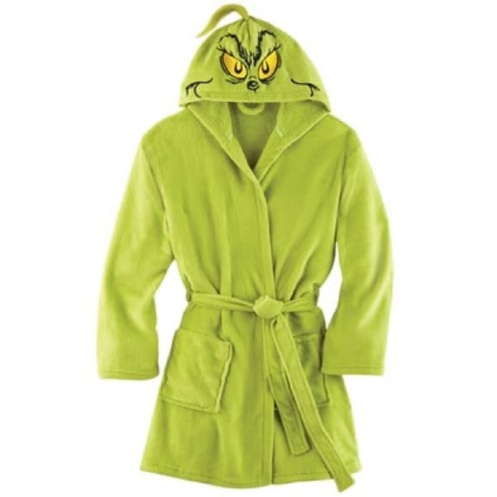 Unisex Hooded Grinch Plush Robe with Tie Belt and front pockets
